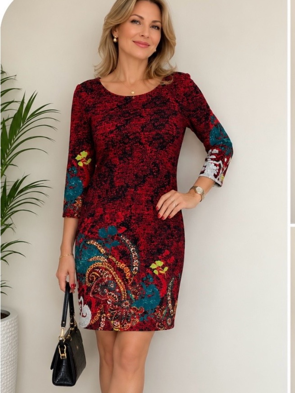 Red Paisley-Accent Long Sleeve Shift Dress